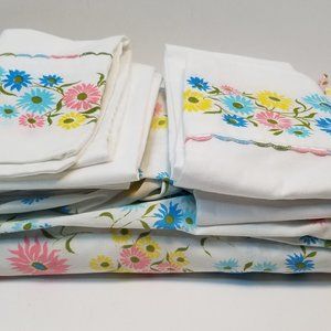 Vintage Grants Double Fitted Bright Daisy Floral Cotton Sheet + 2 pillow cases